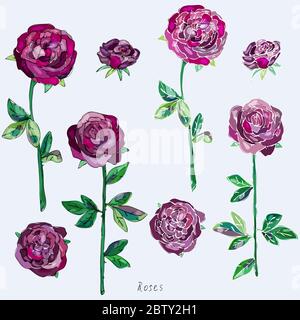 Kastanienbraune, lila, burgunderrote Rosen mit grünen Blättern und Stielen auf grauem Hintergrund. Imitation von Aquarell. Nahtloses Muster. Vektorgrafik. EPS10 Stockfoto