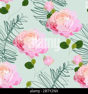 Blütenstände von rosa Rosen auf einem zarten türkisfarbenen hellgrünen Hintergrund. Handgezeichnetes nahtloses Vektor-Blumenmuster. Design für Stoff und Tapetenmuster Stockfoto