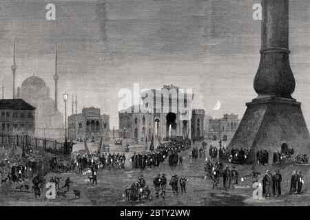 Beleuchteter Beyazıt-Platz zu Ehren der Verfassung 23. dezember 1876, Konstantinopel, Osmanisches Reich Stockfoto