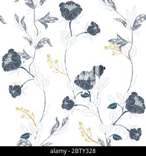Zarte Zweige von wilden schwarzen Rosen mit Blütenständen, Blättern und Blütenblättern auf weißem Hintergrund. Florales Nahtloses Muster. Vektor handgezeichnete illustrati Stockfoto