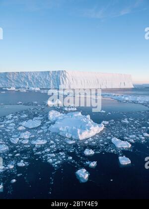 Meereis, Tafeleisberge und Brash-Eis in Erebus und Terror Golf, Weddellmeer, Antarktis, Polarregionen Stockfoto