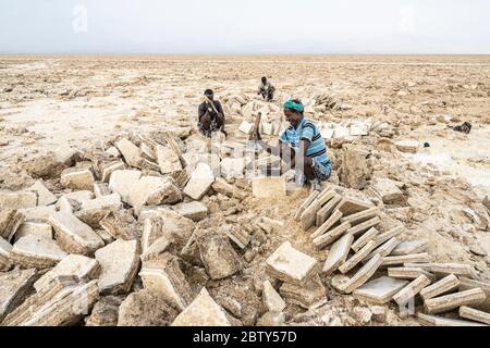 Bergarbeiter arbeiten hart in der Salzpflache, Danakil Depression, Afar Region, Äthiopien, Afrika Stockfoto