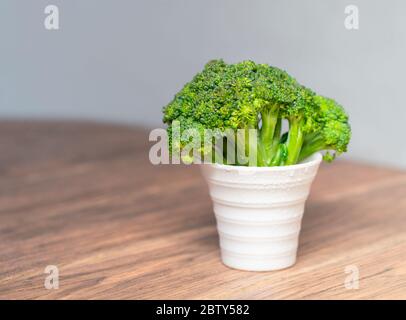 Kleiner grüner, baumförmiger Brokkoli in einem weißen Topf, Nahaufnahme auf einem Holztisch Stockfoto