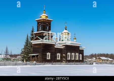 Holzkirche, Tscherkekkskij Regionalmuseum, Straße der Knochen, Sakha Republik (Jakutien), Russland, Eurasien Stockfoto