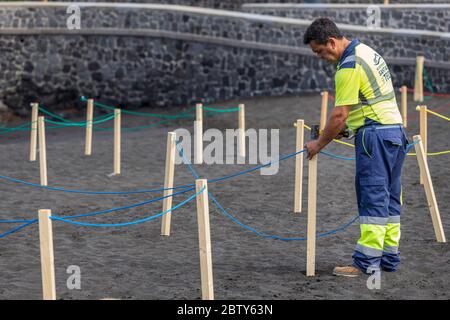 Playa de La Arena, Santiago del Teide, Teneriffa, Kanarische Inseln, Spanien. Mai 2020. Die Arbeiter bereiten den Strand mit abgesperrten Bereichen vor, um die soziale Distanz, zwei Meter voneinander entfernt, und den kontrollierten Zugang für die Öffentlichkeit während der zweiten Phase der Deeskalation des Covid 19, Coronavirus Notstand, der voraussichtlich bis zum 7. Juni dauern wird. Stockfoto