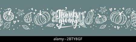 Schöne Hand gezeichnet und geschrieben Dank Giving Design, niedlichen Kürbisse, Blätter und Schriftart, ideal für Thanksgiving Banner, Tapeten, Karten - Vektor-Design Stock Vektor