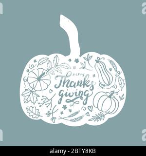 Schöne Hand gezeichnet und geschrieben Dank Giving Design, niedlichen Kürbisse, Blätter und Schriftart, ideal für Thanksgiving Banner, Tapeten, Karten - Vektor-Design Stock Vektor