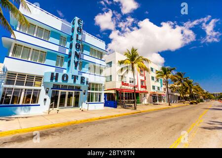 Der meist gepackte Deco Drive in South Beach Miami liegt während der COVID-19 Viruspandemie, Miami, Florida, Vereinigte Staaten von Amerika, North Amer, leer Stockfoto