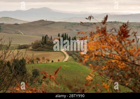 Podere Belvedere und toskanische Landschaft bei Sonnenaufgang in der Nähe von San Quirico d'Orcia, Toskana, Italien, Europa Stockfoto