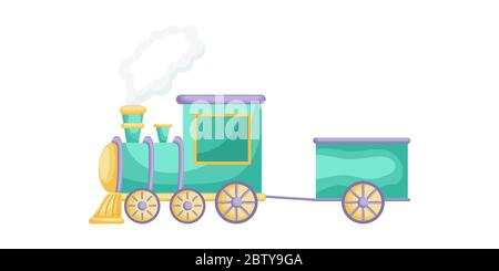 Grün-lila Cartoon Zug für Kinder auf weißem Hintergrund isoliert, bunte Zug in flachem Stil, einfaches Design. Flache Cartoon Vektor-Illustration Stock Vektor