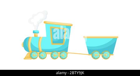 Türkis-gelb Cartoon Zug für Kinder isoliert auf weißem Hintergrund, bunte Zug in flachem Stil, einfaches Design. Abbildung flacher Vektorgrafiken Stock Vektor