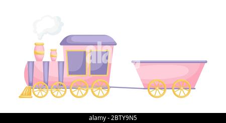 Rosa-lila Cartoon Zug für Kinder isoliert auf weißem Hintergrund, bunte Zug in flachem Stil, einfaches Design. Flache Cartoon Vektor-Illustration Stock Vektor