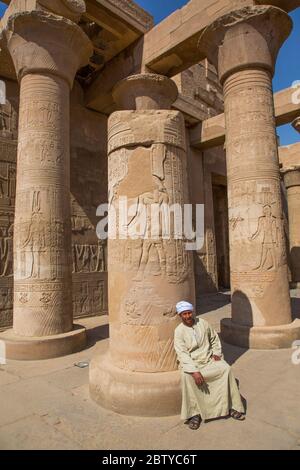 Hausmeister, Säulen mit Reliefs, Tempel von Sobek und Haroeris, Kom Ombo, Ägypten, Nordafrika, Afrika Stockfoto