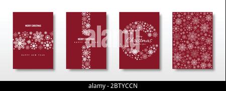 CoverFrohe Weihnachtskarte Set Dekoration mit Schneeflocke auf rotem Hintergrund, Weihnachtskarten Vorlage Vektor-Design. Stock Vektor