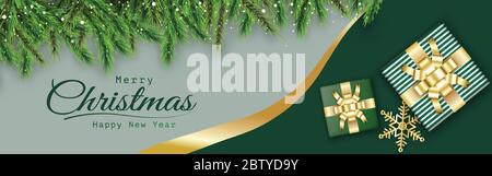 Weihnachten Hintergrund dekoratives Design mit Weihnachten realistische grüne Geschenkbox und Kiefernzweige. Hellgrün Winter Hintergrund Horizontal Banner, Poster, Stock Vektor