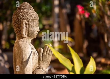 Traditionelle Steinskulptur von Buddha. Außen innen im asiatischen Stil. Detail der Inneneinrichtung eines Luxushotels. Bali, Indonesien Stockfoto