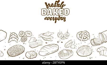 Umriss-Version des frisch gebackenen Etiketten für den Alltag mit Illustrationen verschiedener Brotsorten. Farbige Skizzen zu einem nahtlosen Banner arrangiert Brot ty Stock Vektor