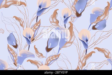 Lila Blüten mit Blättern auf einem hellblauen Hintergrund nahtlose Patern. Vektorgrafik mit großen Blütenständen von Pflanzen. Stockfoto