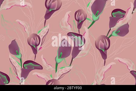 Lila Callas Blüten mit Blättern auf einem lila Hintergrund nahtlose Patern. Vektorgrafik mit großen Blütenständen von Pflanzen. Stockfoto