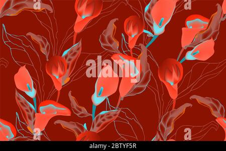 Ñallas Blüten mit Blättern auf einem roten Hintergrund nahtlose patern. Vektorgrafik mit großen Blütenständen von Pflanzen. Stockfoto