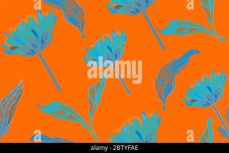 Türkisblaue Chrysantheme Blüten mit Blättern und Blütenblättern auf einem orangefarbenen Hintergrund nahtloses Muster. Handgezeichnete Vektorgrafik. Stockfoto
