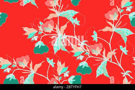 Anmutige Ornament aus Baumwollblumen auf einem roten Hintergrund. Nahtloses Blumenmuster. Handgezeichnete Vektorgrafik mit botanischen Motiven. Stockfoto