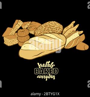 Frisch gebackene Alltagsschrift mit verschiedenen Brotsorten Illustration. Farbige Skizze Bäckerei Zusammensetzung auf Tafel. Stock Vektor