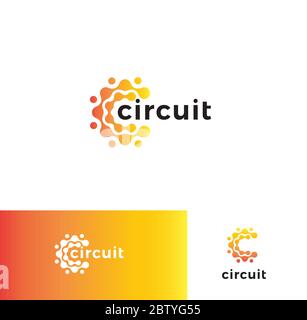 Digitales stilisiertes Leiterplatten-Logo-Set. Sammlung elektronischer Technologien. Rundes Mikroschema, Chip-Symbol. High-Tech-Vektorgrafik Stock Vektor