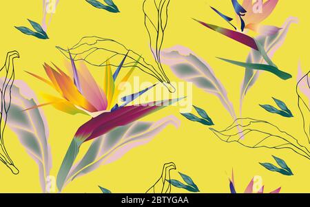 Blumen des Paradieses, Strelitzia Royal mit Blättern und Blütenblättern auf einem gelben Zitronenhintergrund nahtloses Muster. Vektor-Illustration mit tropisch Stockfoto