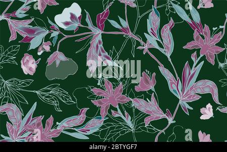 Zarte lila florale Ornament von Zweigen, Blättern und Blütenständen auf einem waldgrünen Hintergrund. Nahtloses Muster. Handgezeichnete Vektorgrafik. Stockfoto