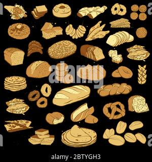 Große Sammlung von handgezeichneten Brot isoliert auf weißem Hintergrund mit verschiedenen europäischen und amerikanischen Brotsorten. Bäckerei Objekte Vektor-Abbildung i Stock Vektor