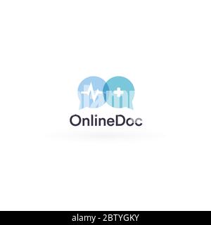 Telemedizin Logo Konzept, Fernversorgung, Online-Arzt-Symbol. Web-Doc Beratung Service, sprach-Chat medizinische Kreuz mit Puls und medizinischen Kreuz Stock Vektor