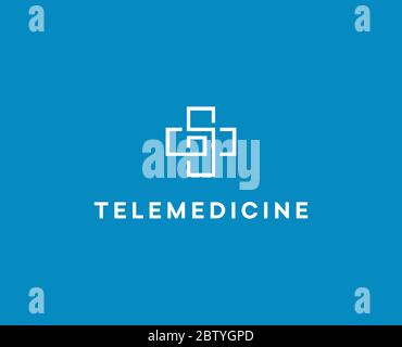 Telemedizin-Logo. Fernarzt Konsultation Website Logo. Kreuzzeichen. E-Medizin, Symbol für Online-Diagnose. Krankenhaus, Arztsymbol. Modern Stock Vektor