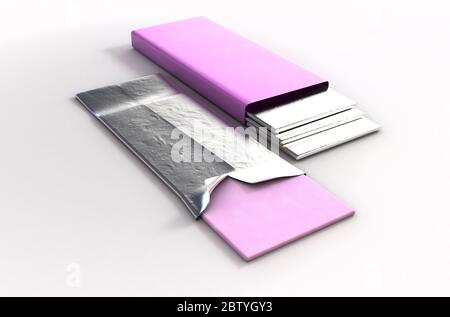 Eine nicht-Markenverpackung aus Kaugummi mit einer rosa Verpackung und vier aufgewickelten Gummistäben, die hervorstehen - 3D-Rendering Stockfoto