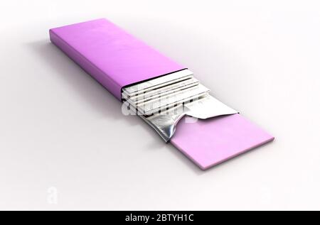 Eine nicht-Markenverpackung aus Kaugummi mit einer rosa Verpackung und vier aufgewickelten Gummistäben, die hervorstehen - 3D-Rendering Stockfoto