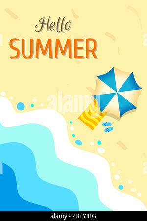 Poster Hallo Sommer. Urlaub und Reisekonzept. Sonnenschirm und abstraktes Meer. Sonniger Tag, Sommerzeit entspannen. Stock Vektor