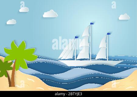 Sommer Meer Bild Origami aus Papier. Entspannen Sie sich im Sommer bei warmem Wetter am Strand. Vektorgrafiken, Papierkunst und digitales Handwerk Stil. Stock Vektor