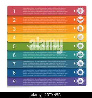 Infografiken aus Farbstreifen. Moderne Infografiken 9 Optionen für Banner, Geschäftsprozesse, Workflow, Diagramm, Flussdiagramme. Stock Vektor