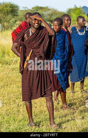 NGORONGORO, TANSANIA - 15. Februar 2020: Gruppe von masai-Leuten, die an einem traditionellen Tanz mit hohen Sprüngen teilnehmen, ausgewählter Fokus Stockfoto