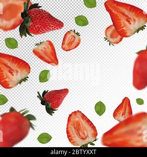 Erdbeerhintergrund. Fliegende Erdbeere mit grünem Blatt auf transparentem Hintergrund. Realistische 3D-Früchte. Fallende Erdbeeren sind ganz und in zwei Hälften geschnitten. Vektorgrafik. Vektorgrafik Stock Vektor
