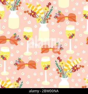 Sommer Wein Cocktail, Vase mit Blumen und Sonnenbrille nahtlose Vektor-Muster. Sommer Garten Party wiederholen Hintergrund mit Wildblumen und Trinken Stock Vektor
