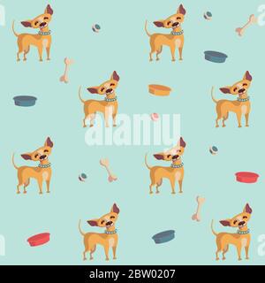 Nahtloses Tiermuster. Chihuahua mit Schale, Kugel und Knochen. Muster für Textil, Papier, Stoff und Kleidung. Vektor-Illustration in niedlichen Cartoon-Stil Stock Vektor