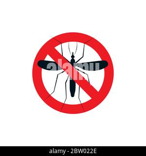 Logo gegen Moskitos. Symbol für Insektenspray stoppen. Gefährliche blutsaugen fliegende Mückchen Vorsicht Logo. Krankheitstransmitter Zeichen. Rot gekreuzter Kreis Stock Vektor