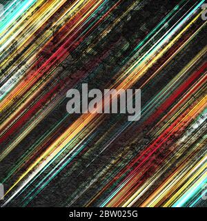 Dekorative und metallisch gestreifte Linien auf rauem und schwarzem glänzenden Hintergrund, rot-orange und türkisfarbenen Linien Stockfoto