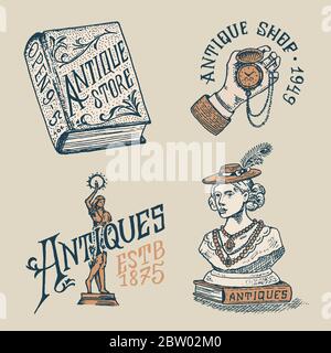 Etiketten oder Abzeichen für Antiquitätenläden. Vintage victorian Ancient Logo für T-Shirts und Typografie. Uhr in der Hand, Skulptur, Buch und Schriftzug. Alt Stock Vektor