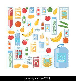 Verschiedene Lebensmittel: Obst, Gemüse, Saft, Wasser, Käse und Wurst. Großes Lebensmittelgeschäft. Paket von Vektor-Illustrationen im Cartoon-Stil Stock Vektor