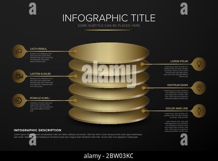 Vektor Infografik Kreis Ebenen Vorlage mit sechs goldenen Münzen und dunklem Hintergrund Stock Vektor