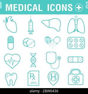 Setzen Sie Vektor-Linien-Symbole, Zeichen und Symbole in flachen Design Medizin und Gesundheit. Stockfoto