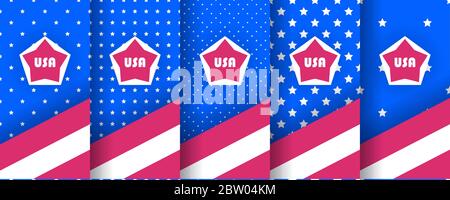 Set von nahtlosen Mustern mit Sternen, in den Farben der amerikanischen Flagge. Stock Vektor