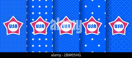 Set von nahtlosen Mustern mit Sternen, in den Farben der amerikanischen Flagge. Stock Vektor